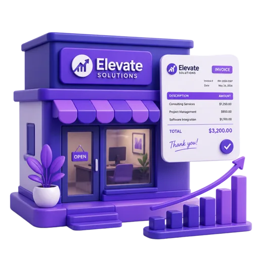 3D illustration of a small business storefront with a branded invoice