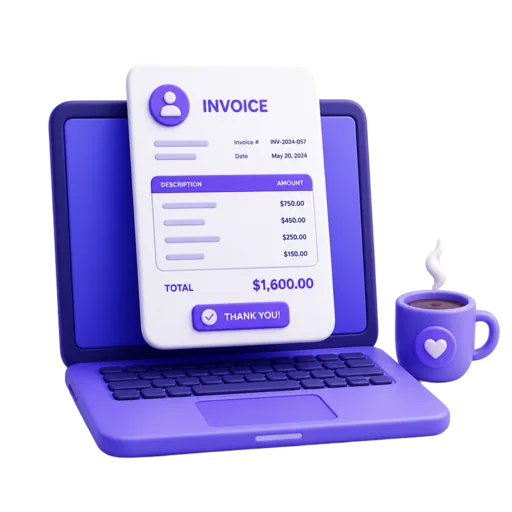3D illustration of a laptop with an invoice and coffee cup